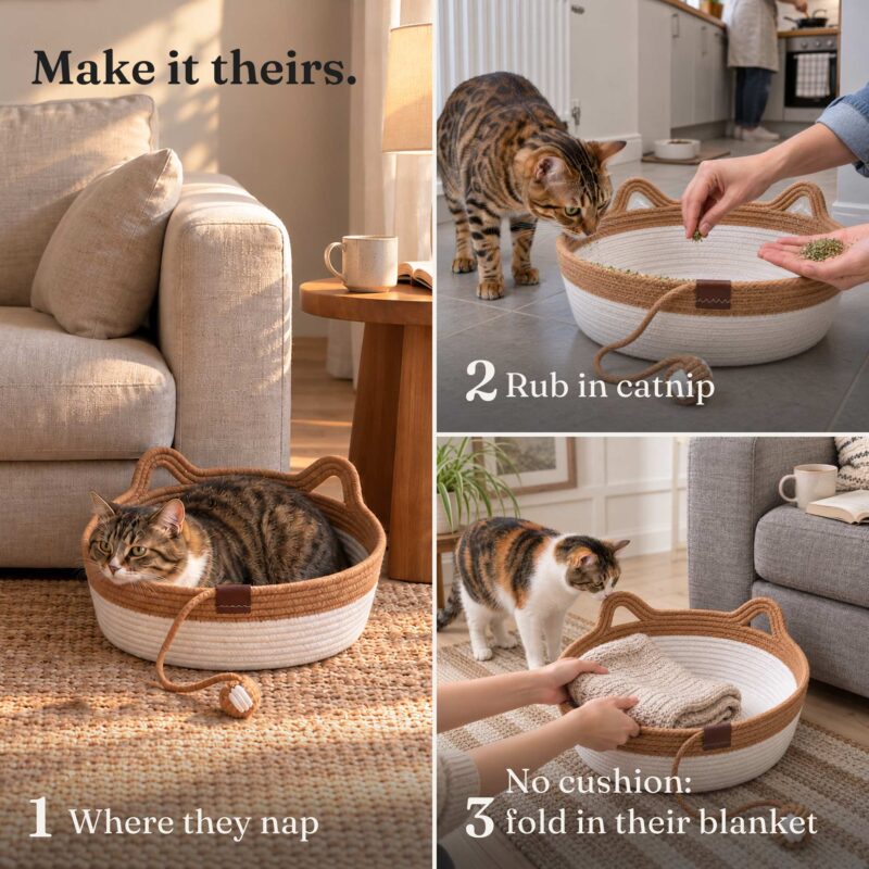 Three settle-in steps: the basket where the cat naps by the couch, catnip rubbed in, no cushion so a blanket folded in