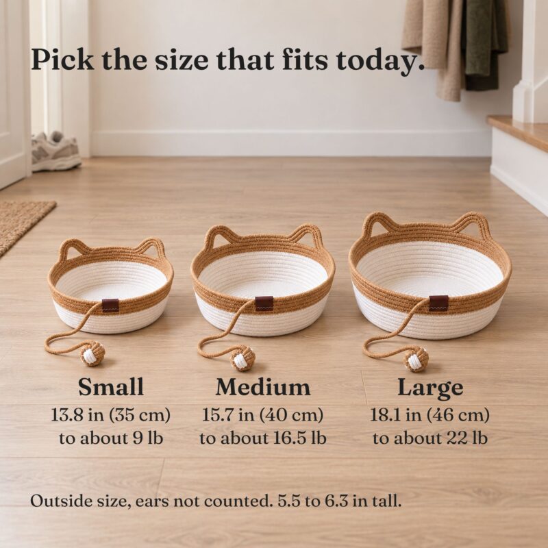 Small, medium and large rope cat baskets: 13.8, 15.7 and 18.1 in across, for cats to about 9, 16.5 and 22 lb