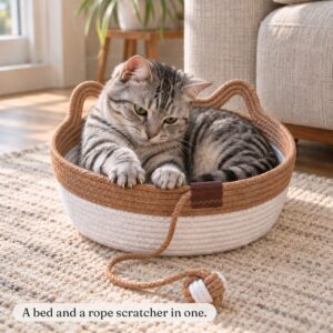 Silver tabby cat curled in a caramel rope cat basket bed, claws in the rope scratcher rim, beside a linen sofa