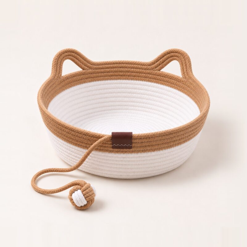 SnugWeave rope cat basket bed with scratching rim, cat-ear handles and rope ball toy, caramel and white