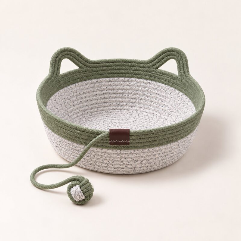 Sage green rope cat basket with a speckled gray body, cat-ear handles and a green rope ball, on cream