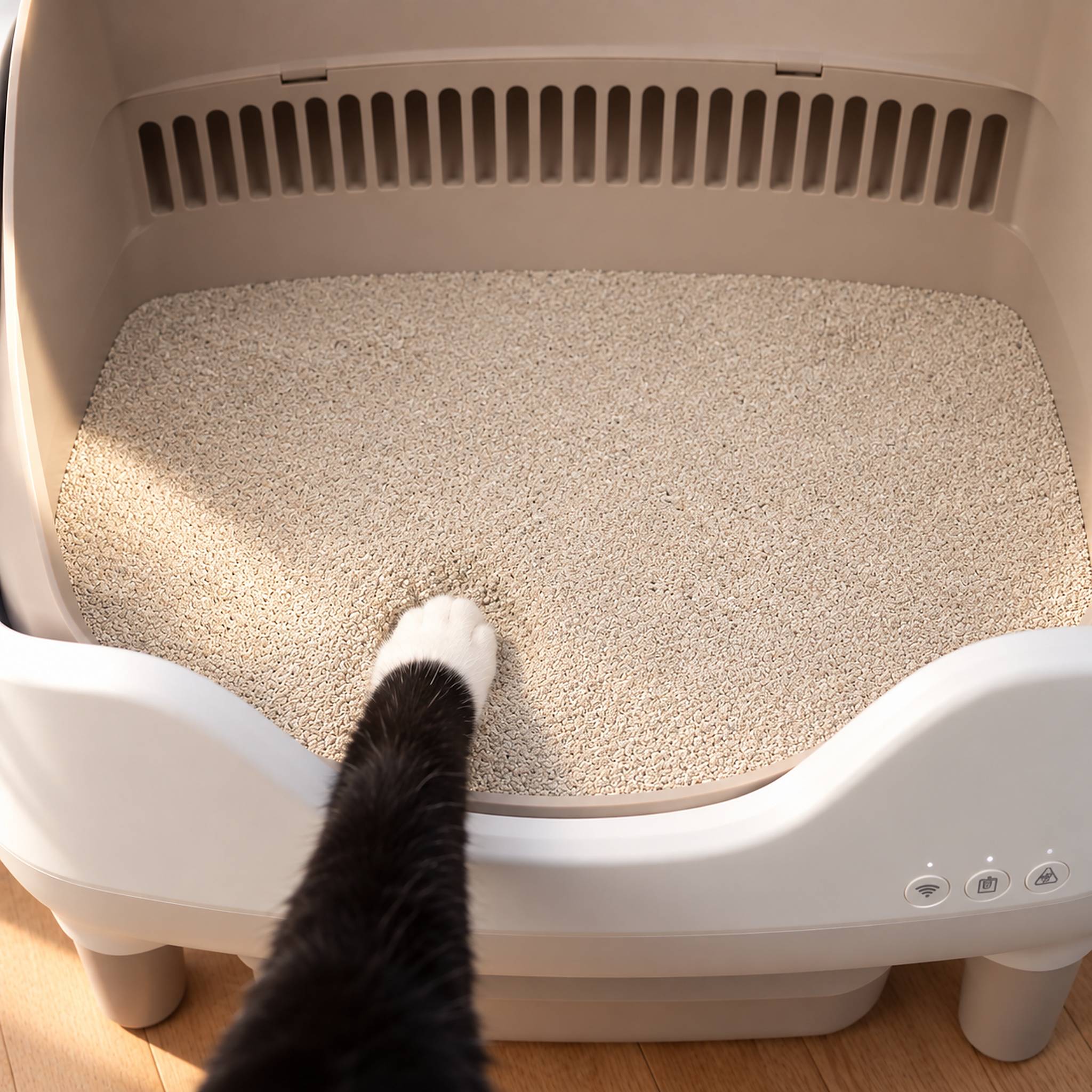 Close-up from above of clean, level litter in the CleanNest tub, one white cat paw stepping in