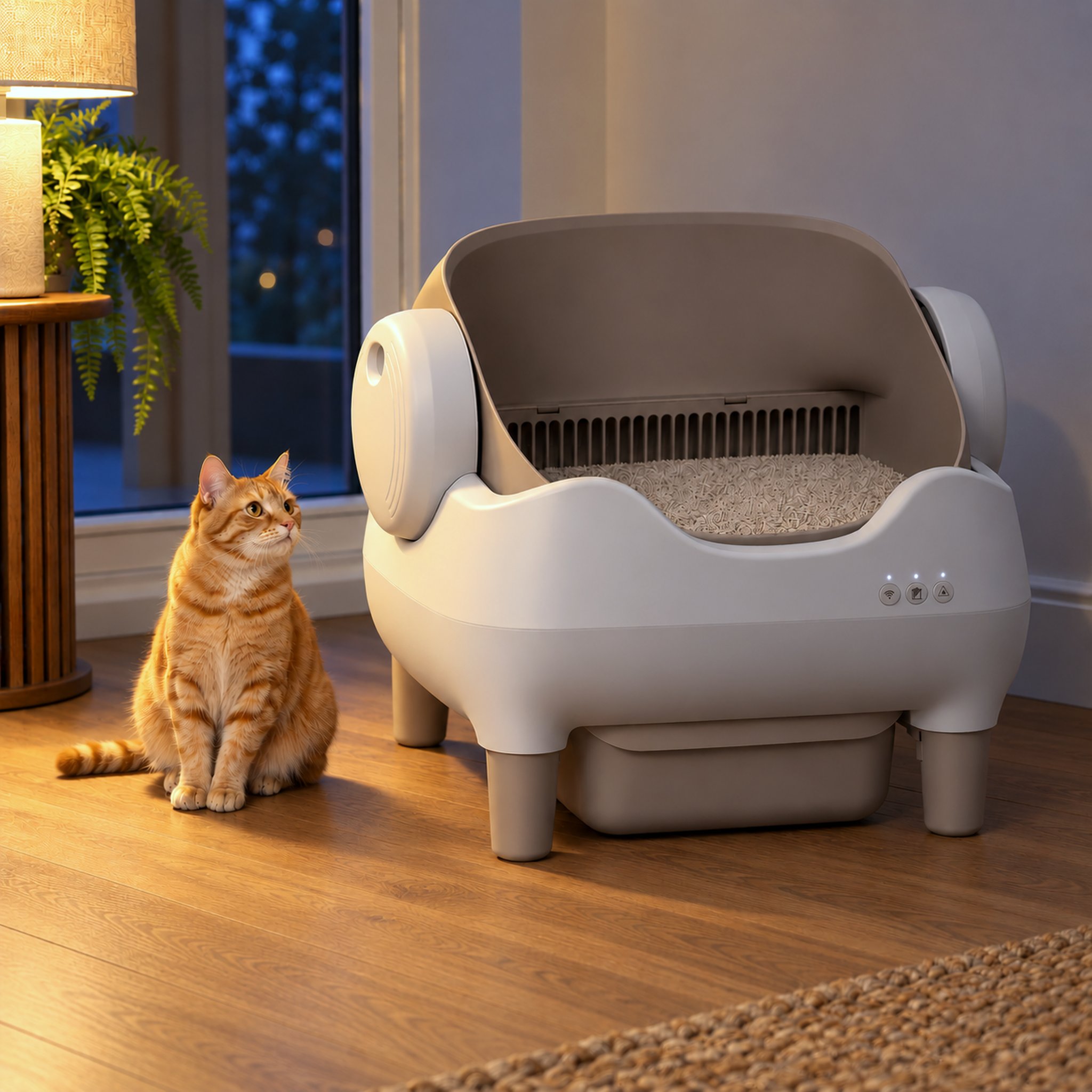 Orange tabby cat sitting calmly beside an open-top self-cleaning litter box in a lamplit room at dusk