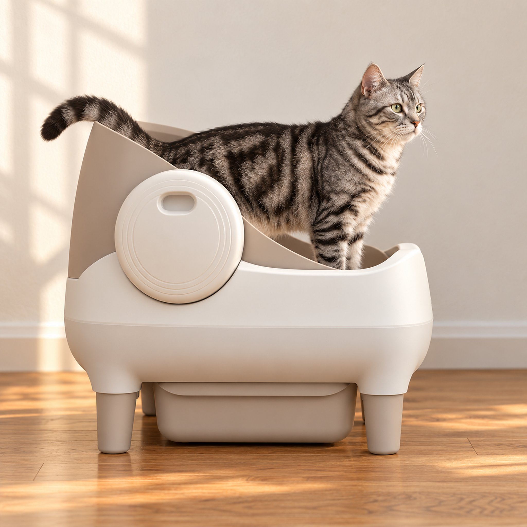 Large silver tabby standing at full height inside the open-top CleanNest litter box, seen from the side