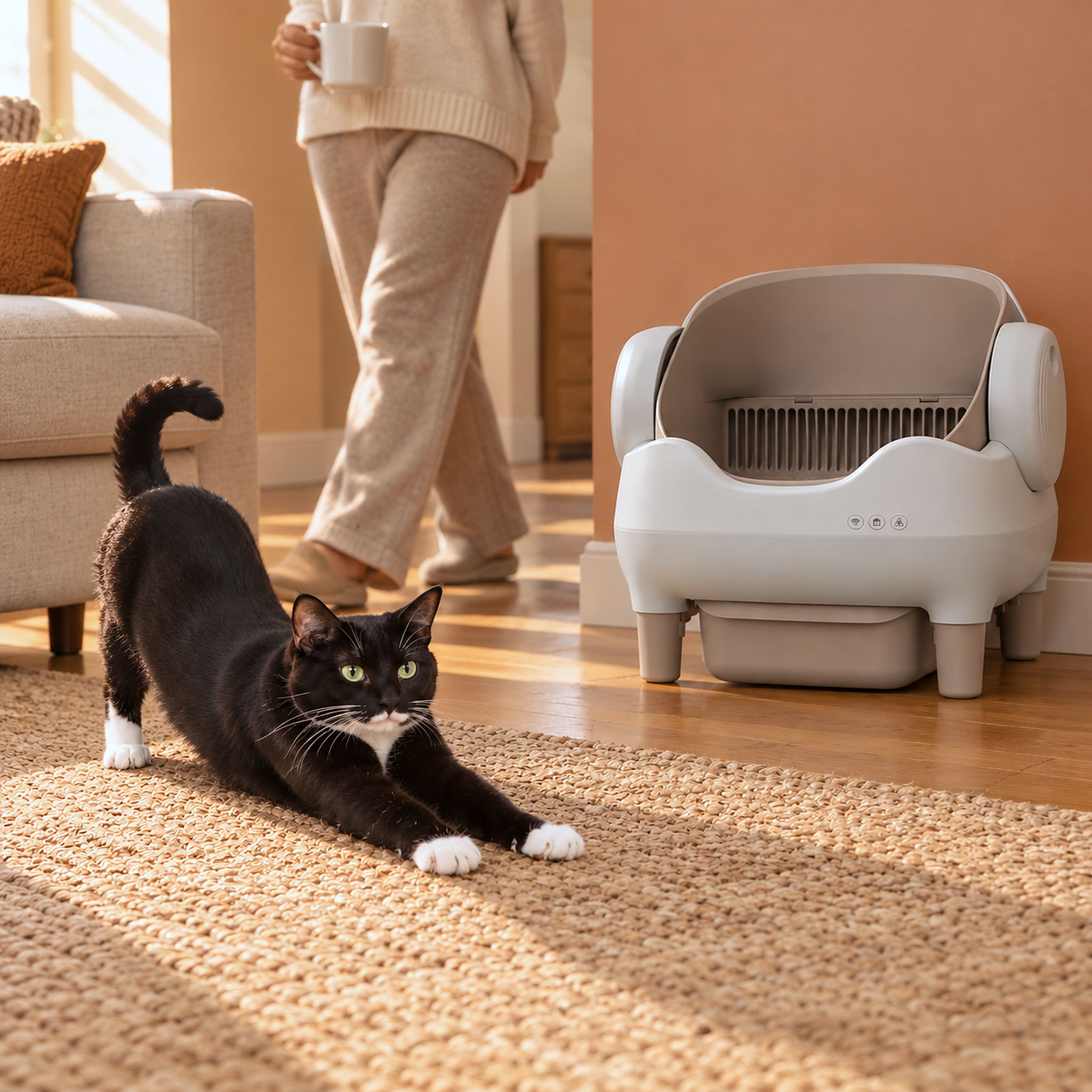 Tuxedo cat stretching on a rug as a person walks past with a coffee mug, the CleanNest litter box beside them