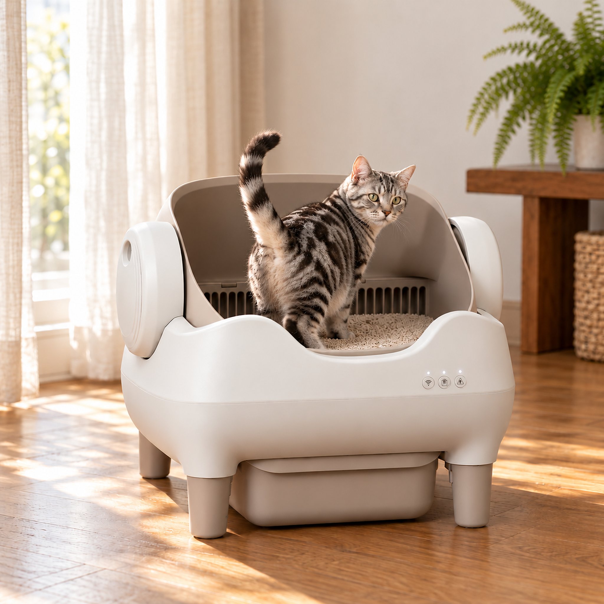 Silver tabby cat turning inside an open-top self-cleaning litter box in a sunlit living room