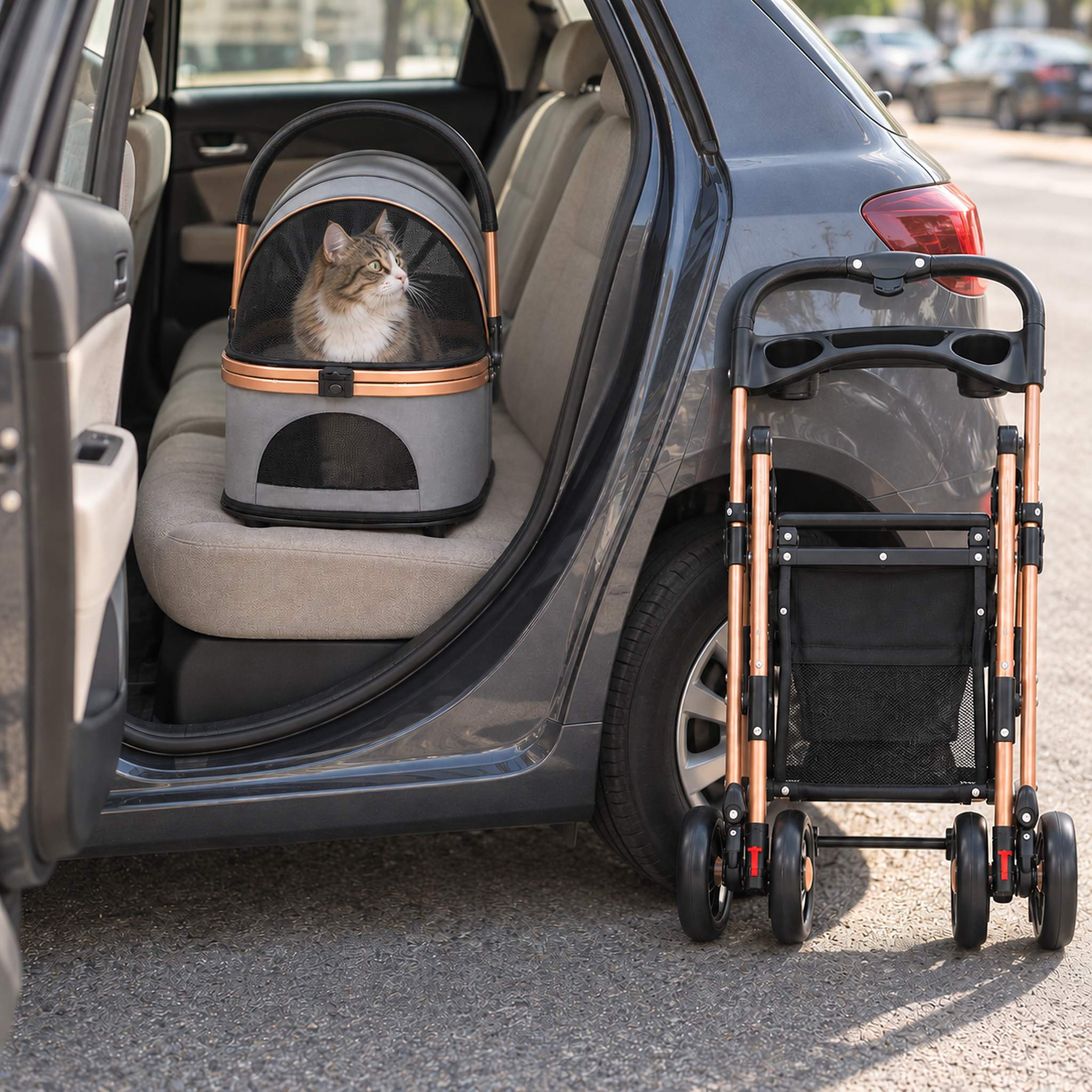 Cat stroller carrier on a car's back seat with a tabby cat sitting up inside, the folded frame standing beside the car