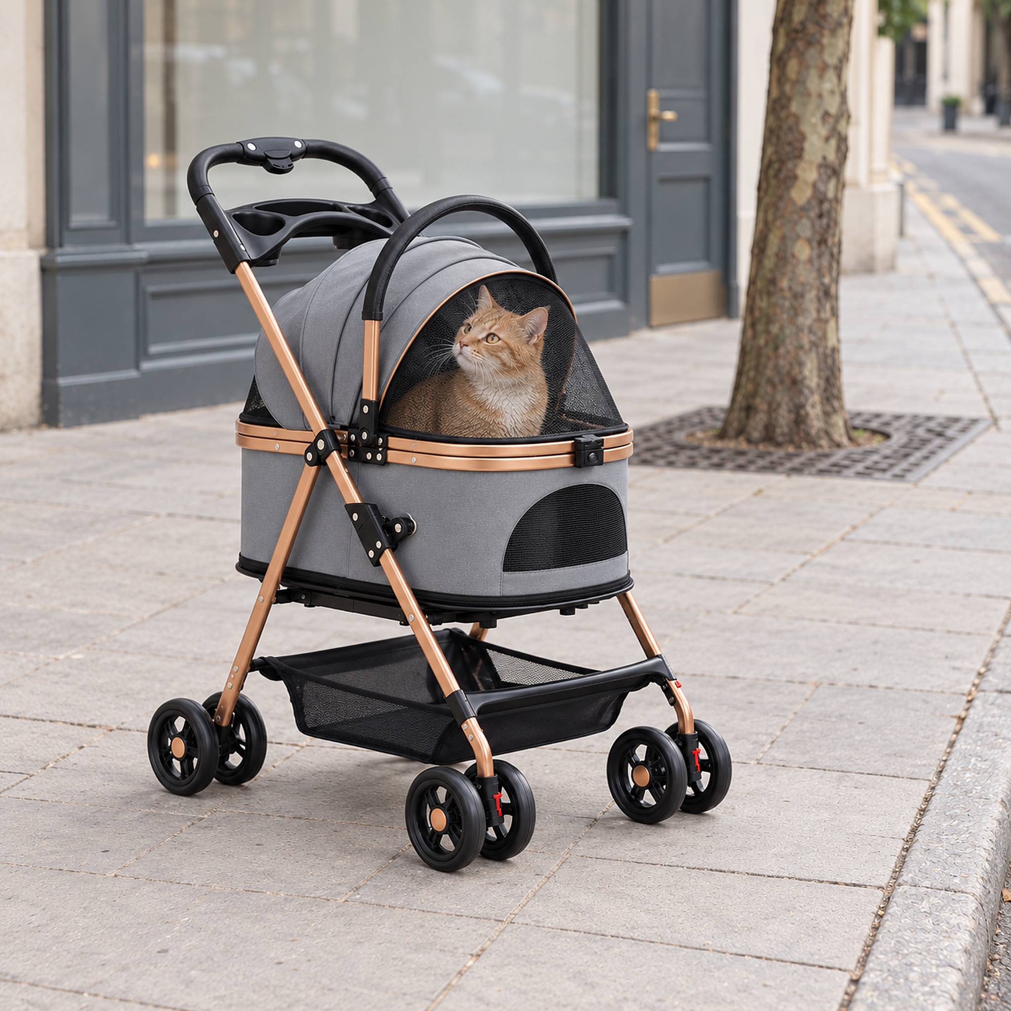 Gray cat stroller on a city sidewalk, an orange tabby cat under the closed mesh hood looking back toward the handle