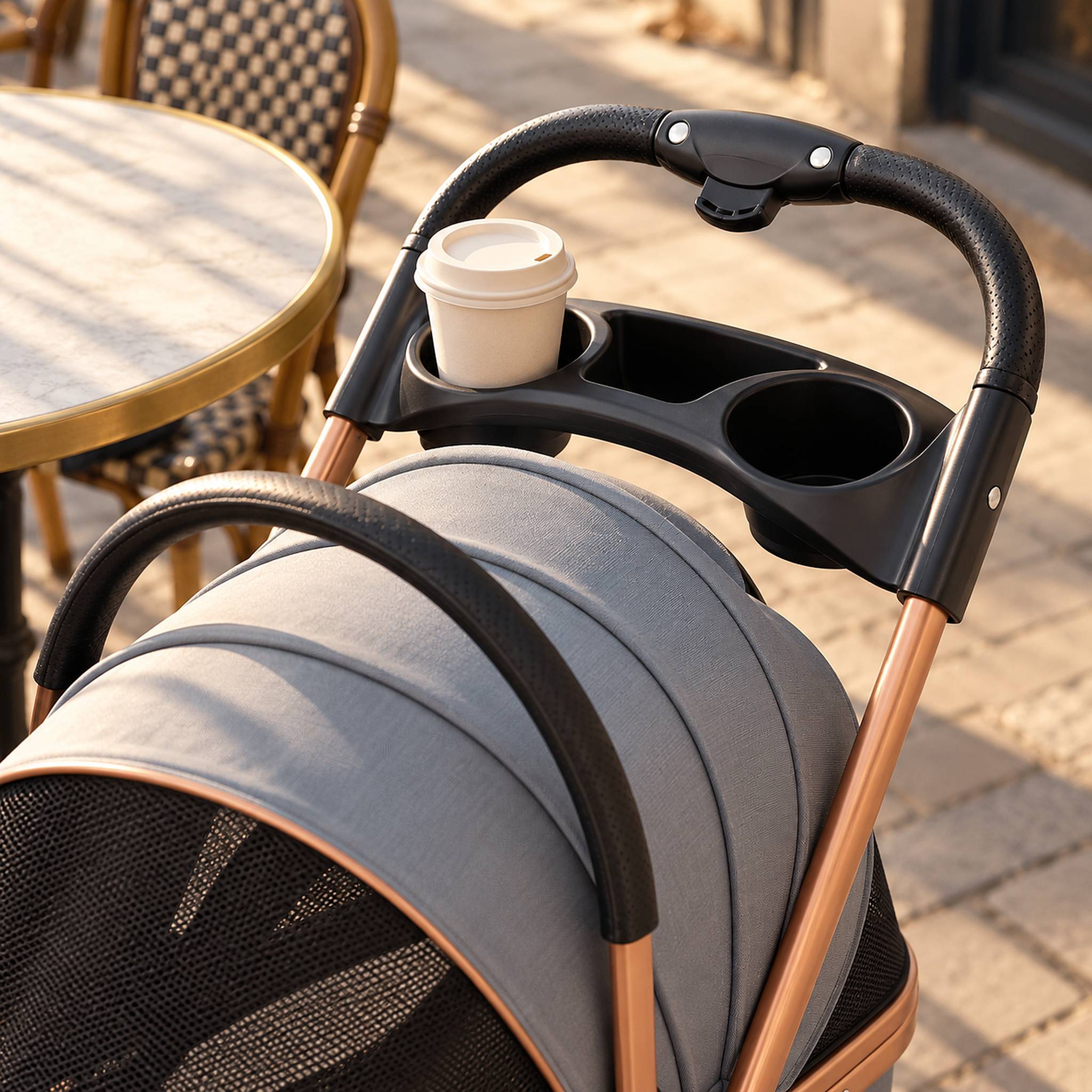 To-go coffee cup in the cup tray below the push handle of a gray cat stroller on a cafe patio