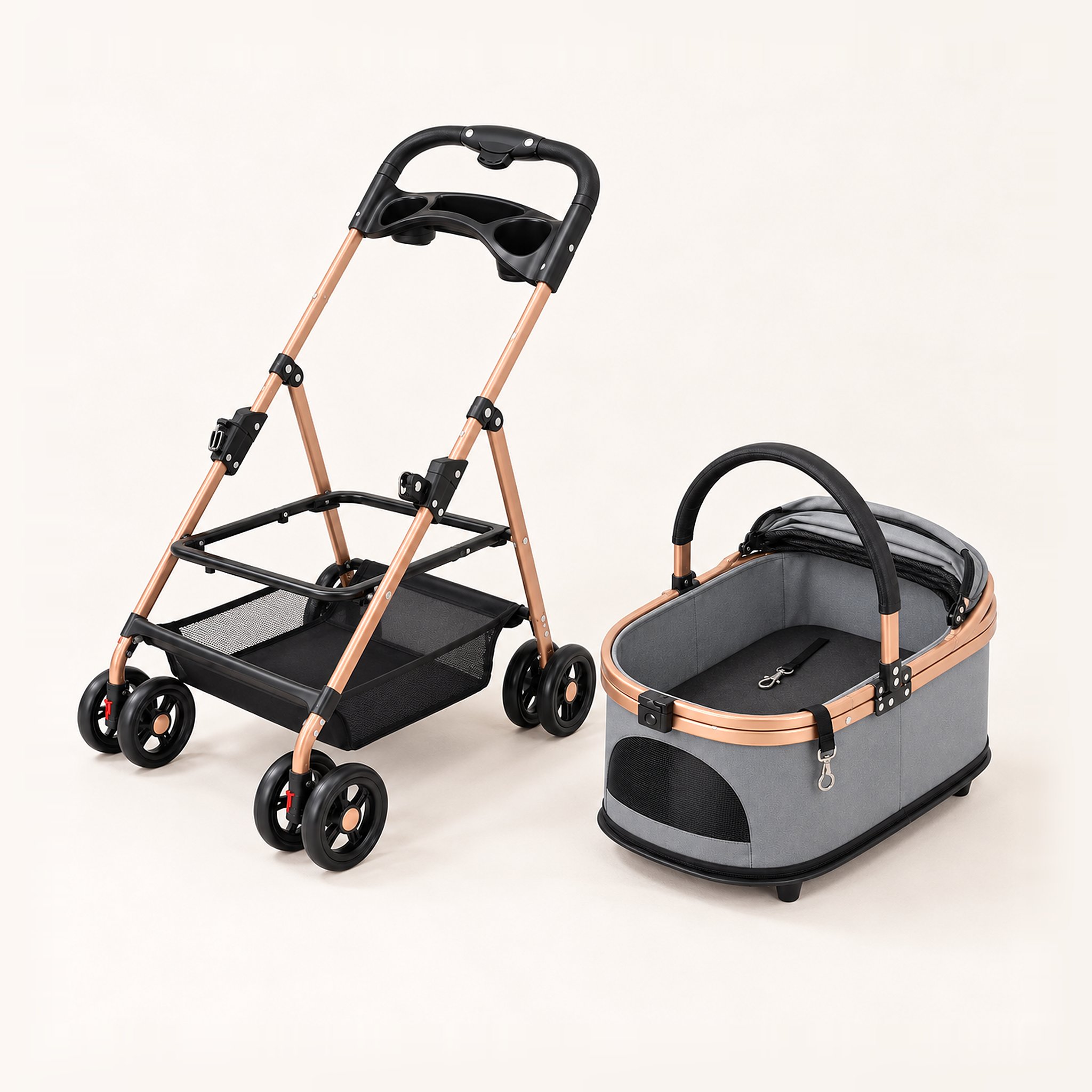 Everything in the box: the folding frame with basket and cup tray, and the carrier with its hood and tethers
