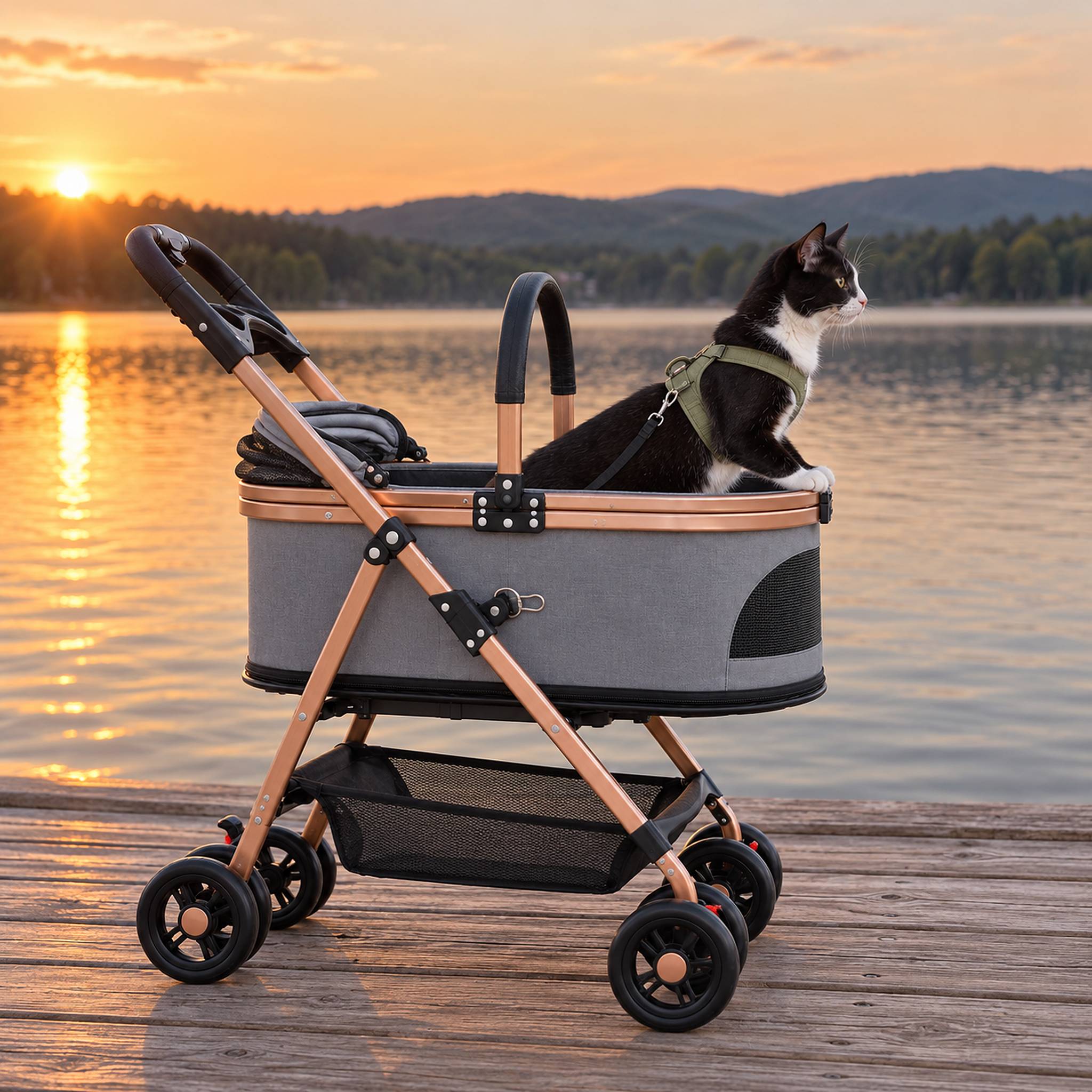 Tuxedo cat in a green harness standing in the open cat stroller, hood folded down, on a lakeside boardwalk at sunset