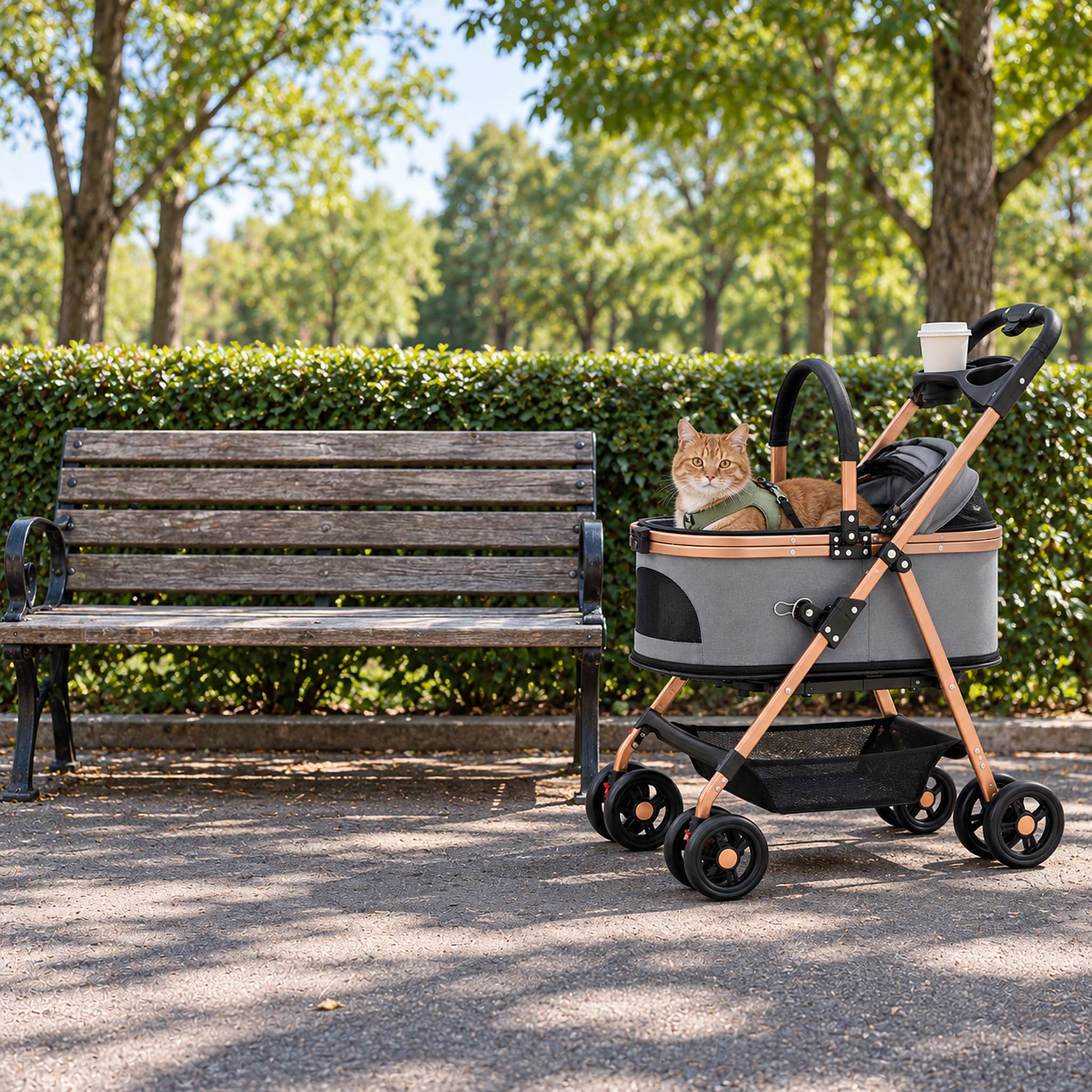 Orange tabby cat in a harness lying in the open cat stroller beside a park bench, a coffee cup in the tray