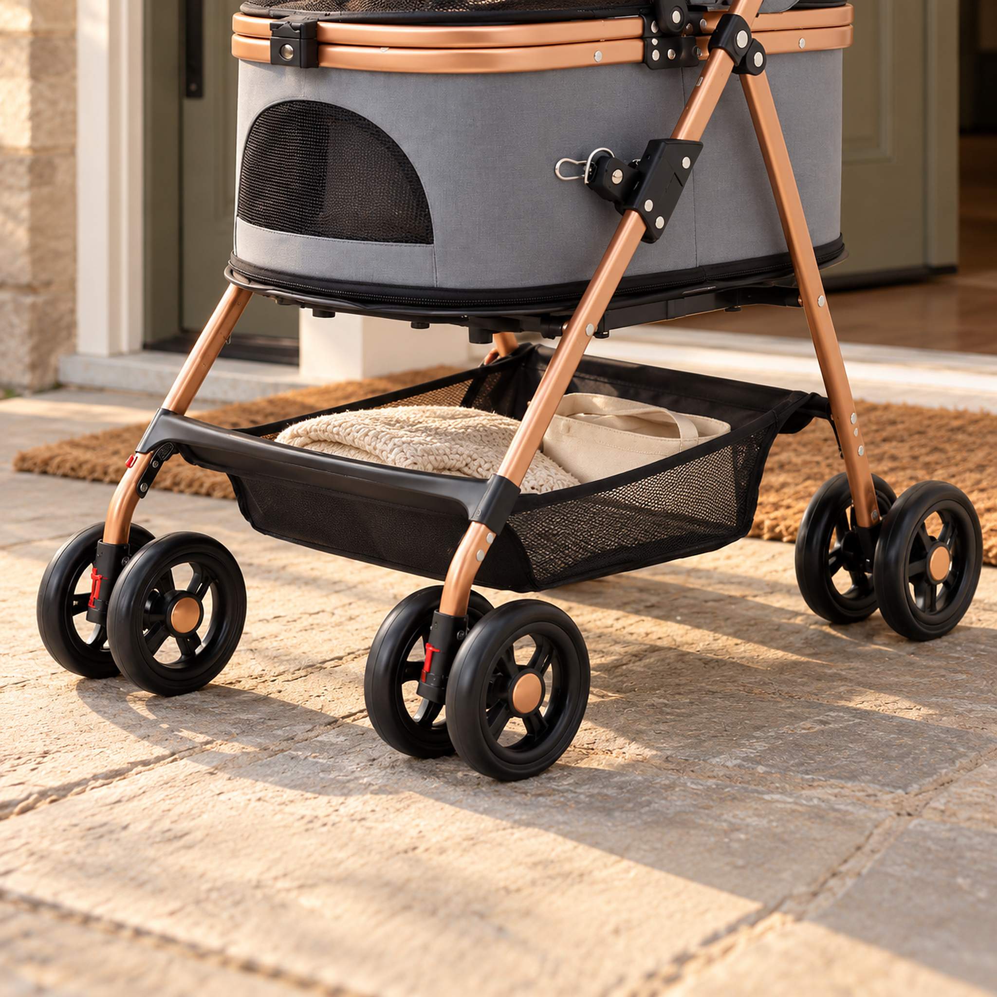 Storage basket under a gray cat stroller holding a folded blanket and a canvas bag on a front doorstep