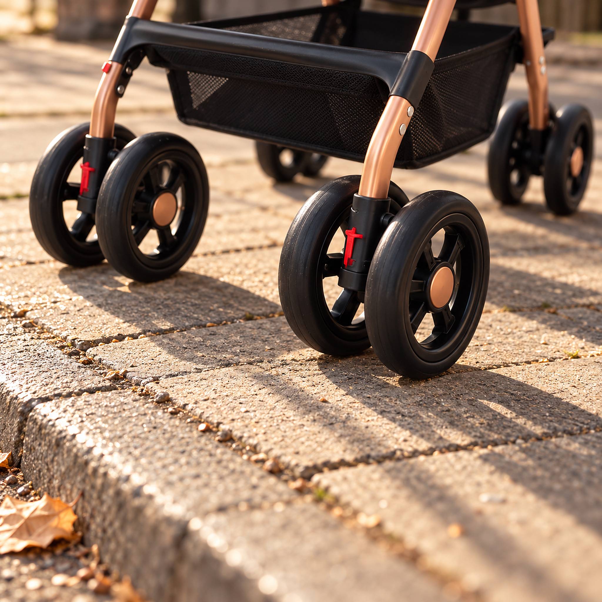 Front swivel wheels of a gray cat stroller turning on city paving at a curb cut