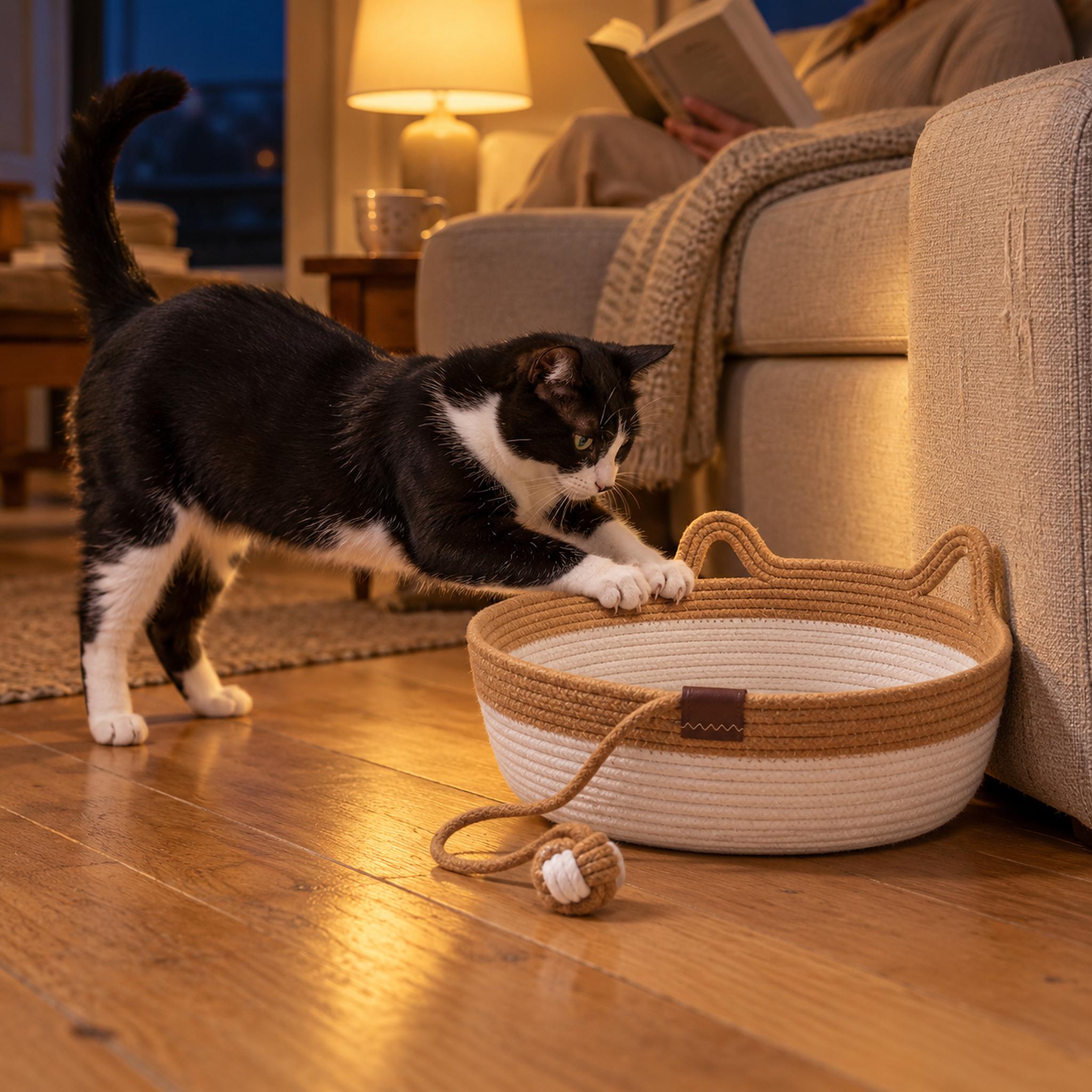 Tuxedo cat reaching onto a caramel rope cat basket bed by the sofa in the evening, someone reading by lamplight