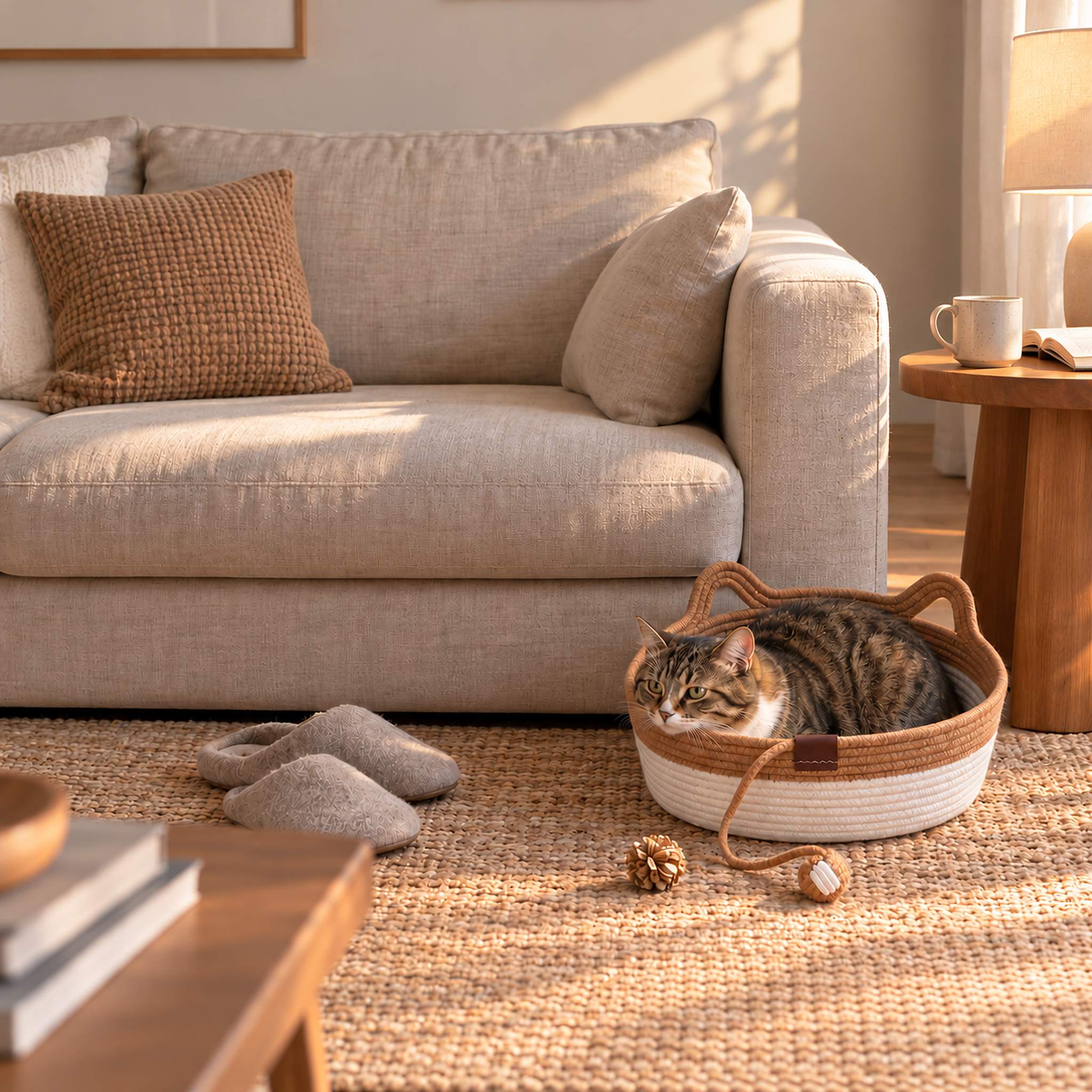 Brown tabby cat in a caramel rope cat basket bed at the arm of a linen sofa, mug and book on the side table