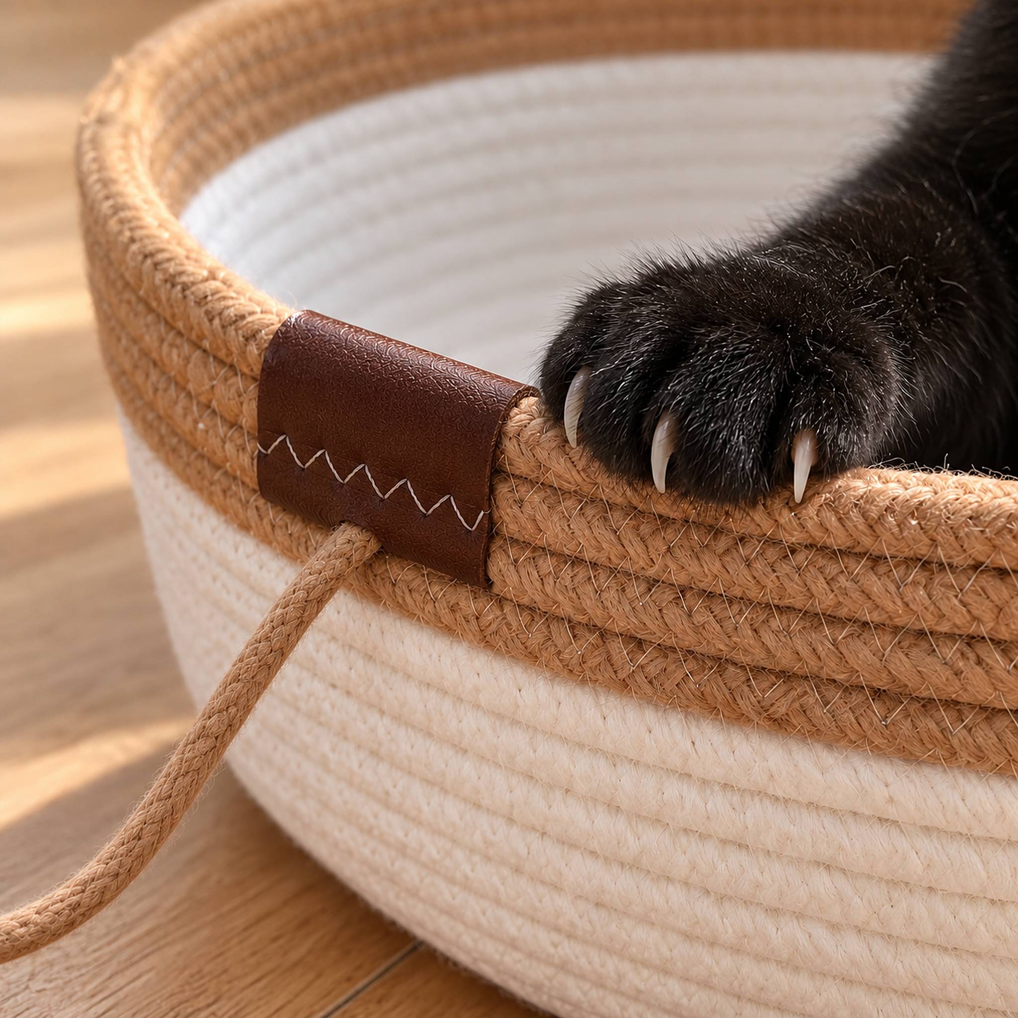 Close-up of a black cat's paw with claws hooked into the caramel cotton rope scratching rim and stitched tab