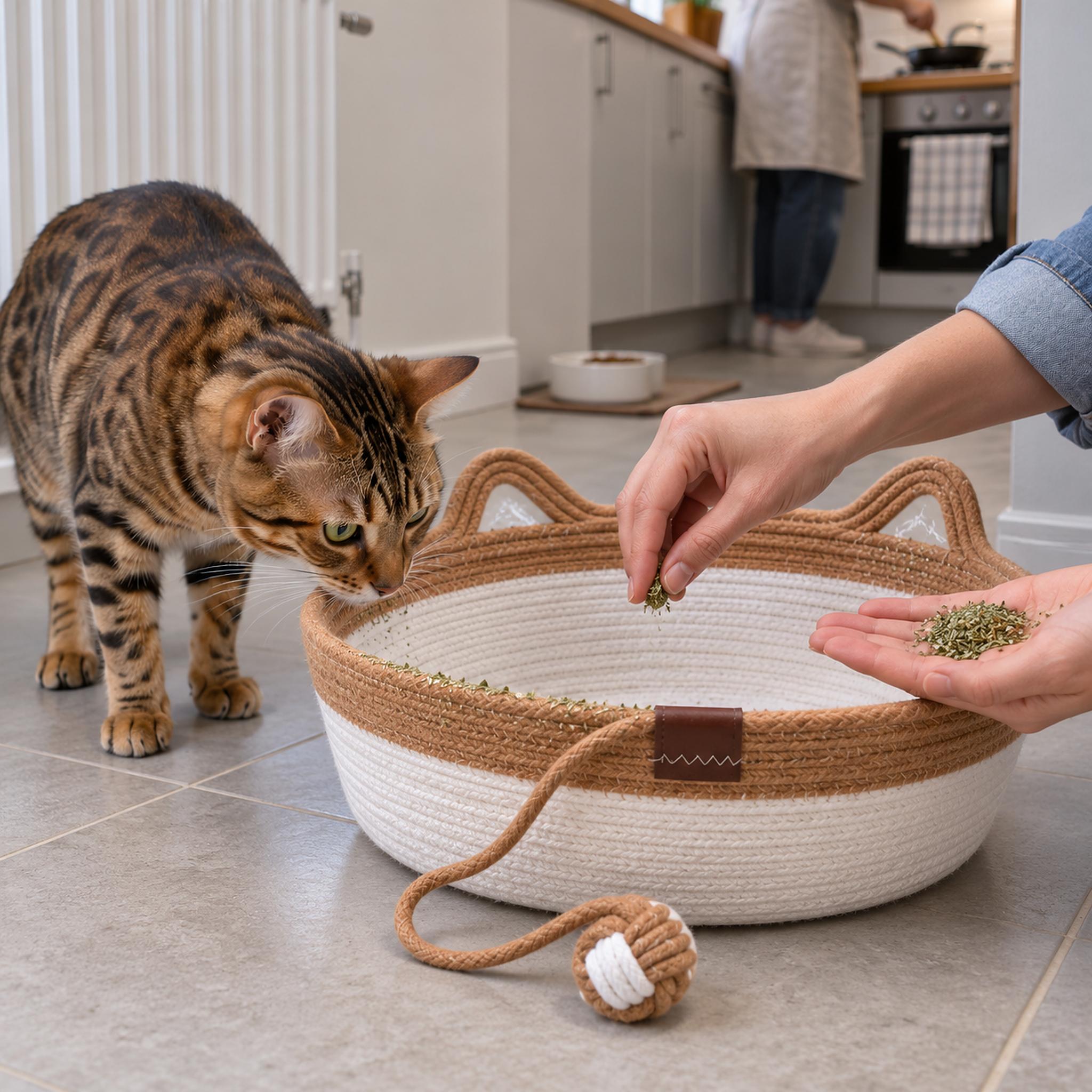 Hands rub catnip into the rope rim of a caramel cat basket as a Bengal cat sniffs, someone cooking behind
