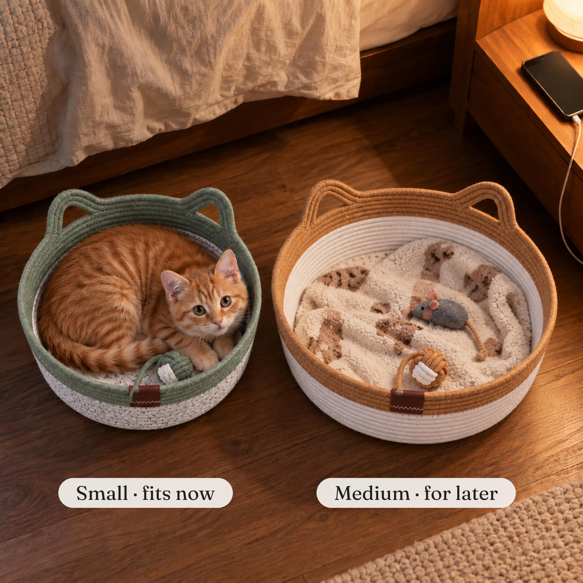 Ginger kitten curled snug in a small green rope cat basket at night, an empty medium caramel basket waiting beside it