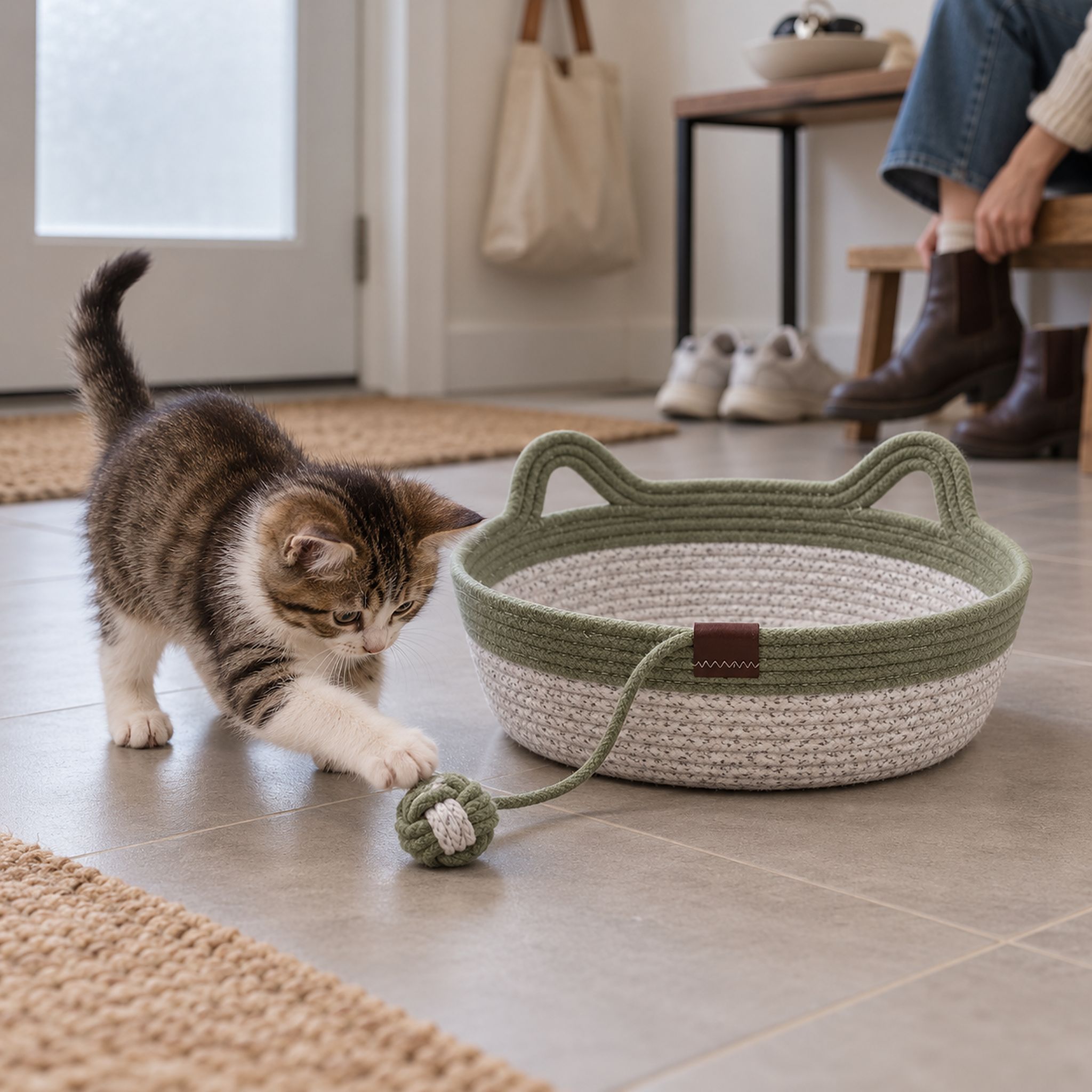 Tabby and white kitten swatting the rope ball of a small green cat basket by the front door