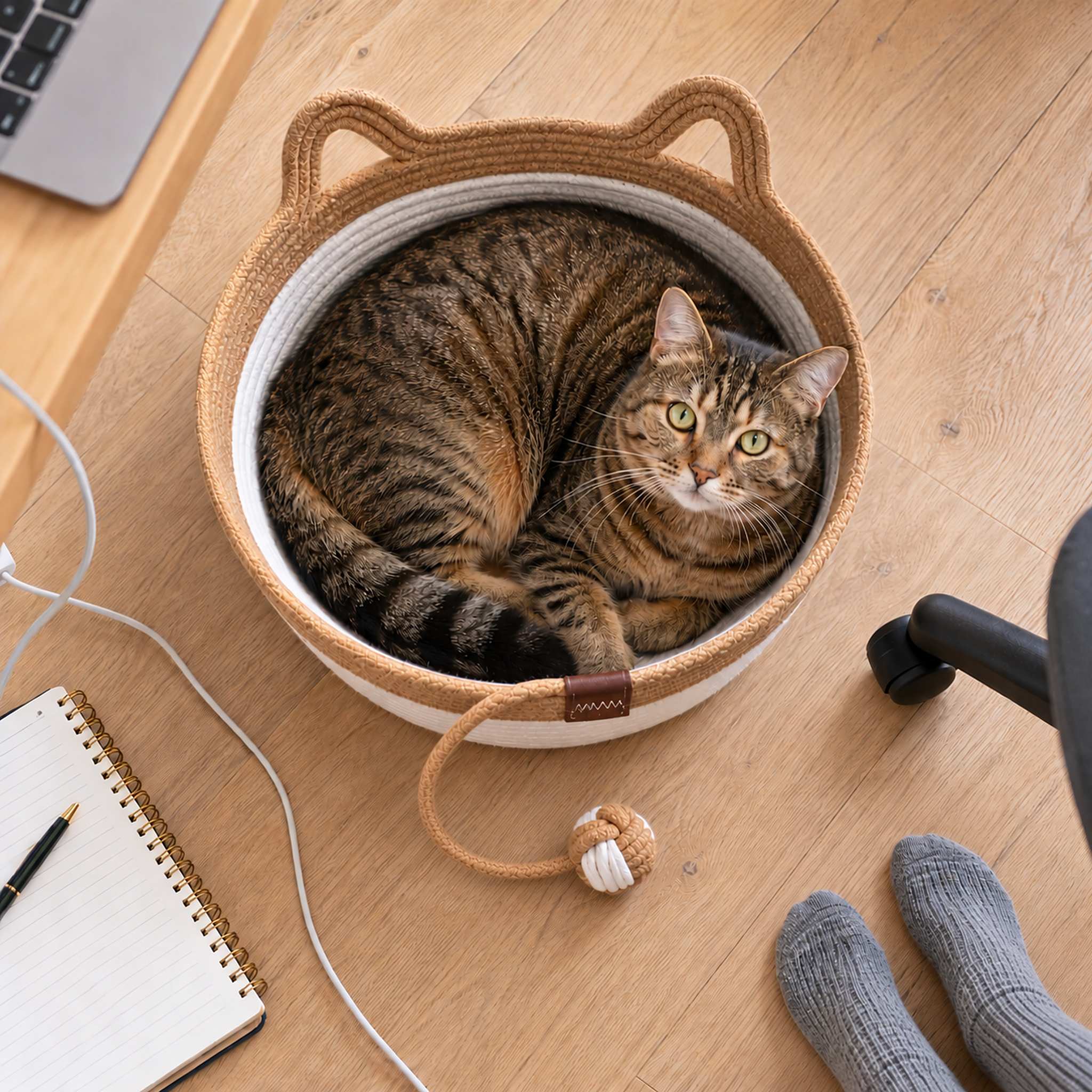 Large brown tabby curled in a large caramel rope cat basket bed beside a desk, seen from above next to socked feet