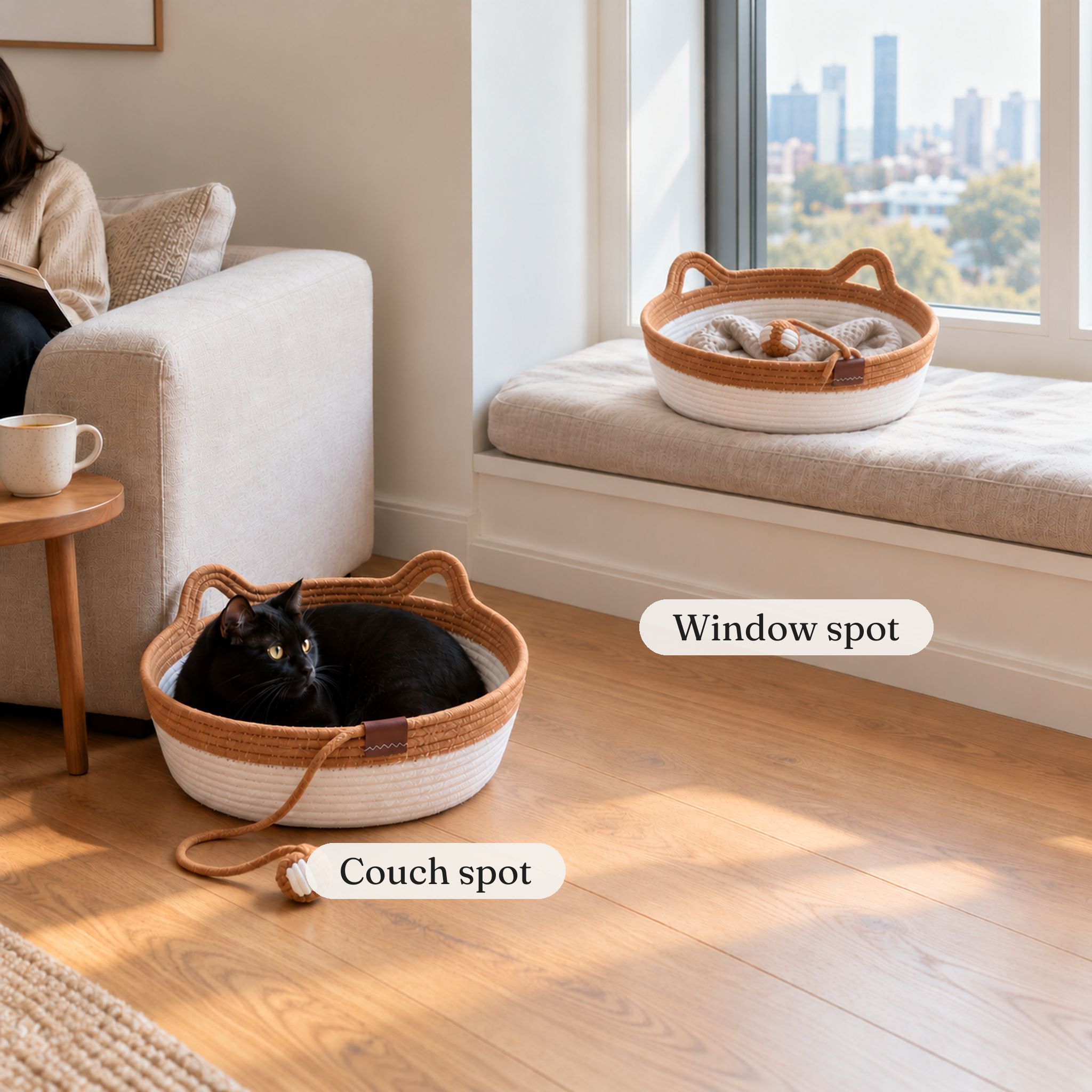 Black cat curled in a caramel rope cat basket bed by the sofa, a second caramel basket waiting on the window seat