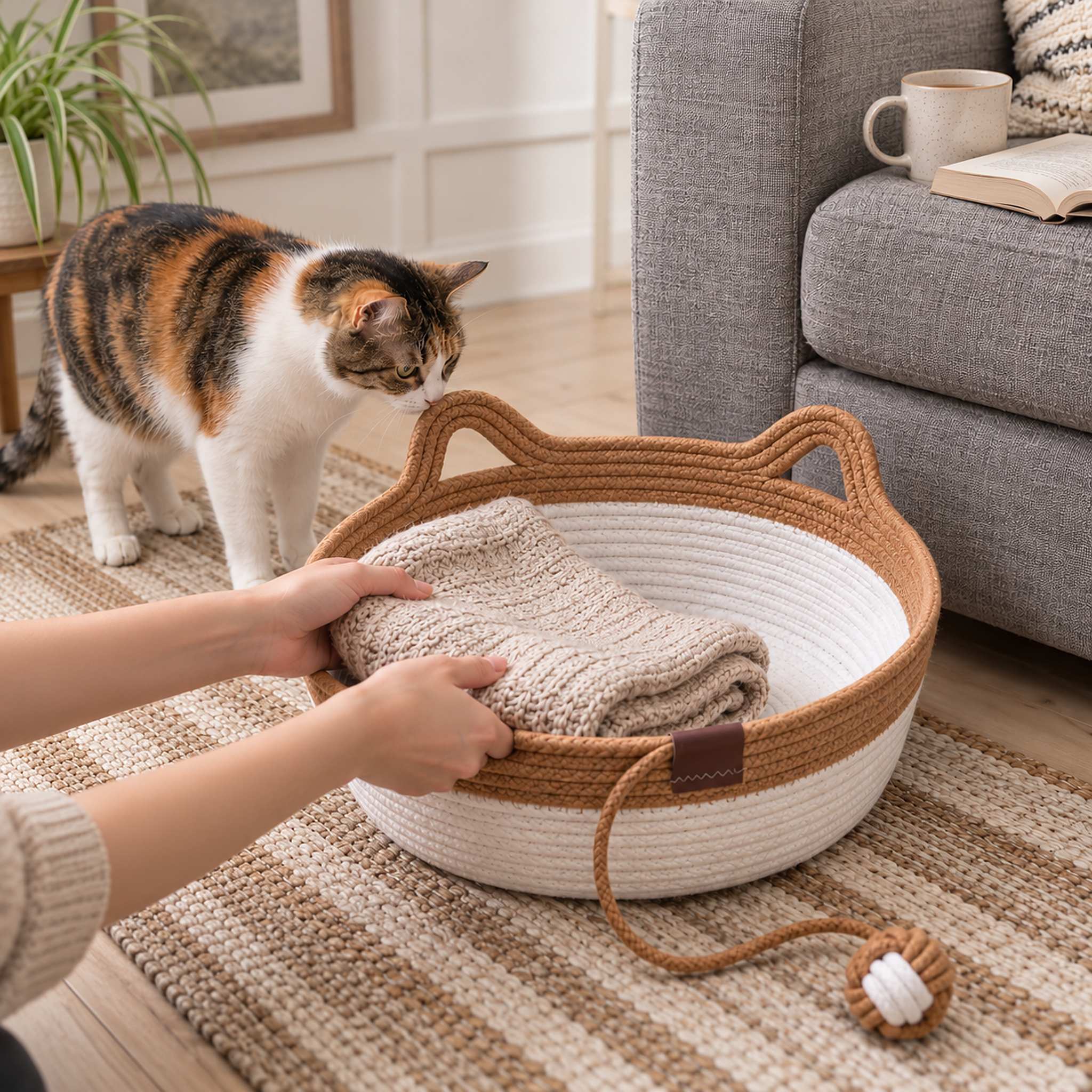 Hands fold a worn blanket into a caramel rope cat basket beside a sofa as a calico cat sniffs the handle
