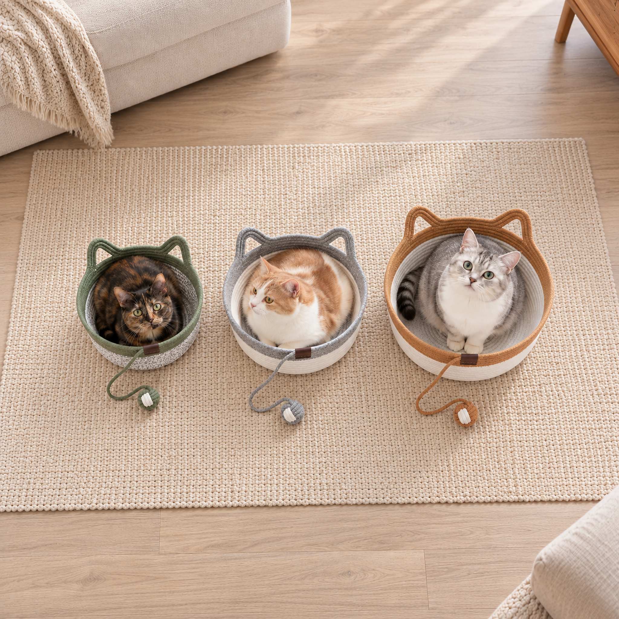 Three cats from above, each in their own rope cat basket bed: small green, medium gray and large caramel
